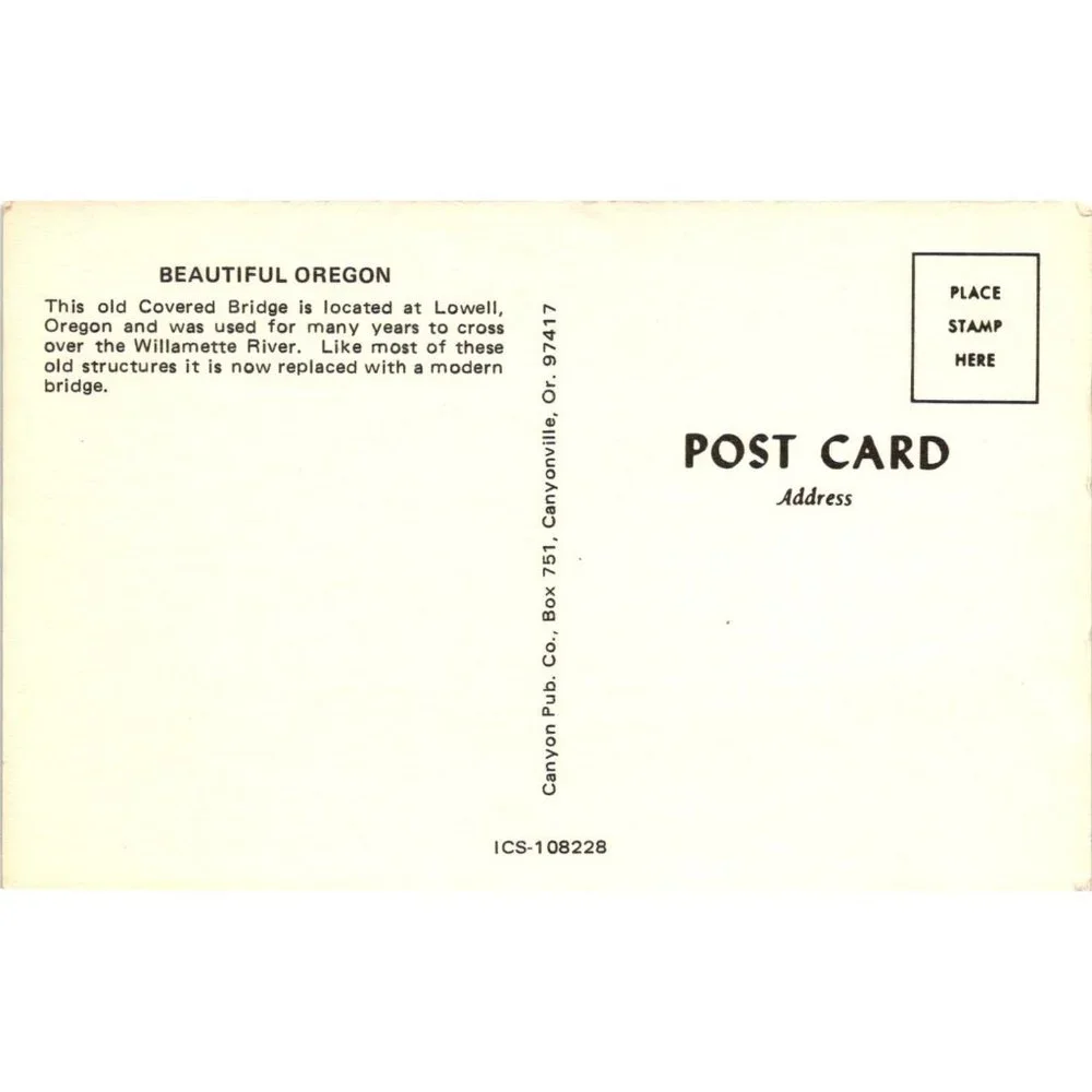 Lowell Oregon Covered Bridge Postcard Travel Souvenir Lowell Williamette River